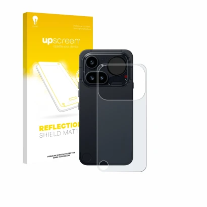 Parte frontal de un envase de producto con el logotipo de la marca upscreen. Al lado se muestra el dispositivo Nothing Phone (