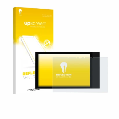 Parte frontal de un envase de producto con el logotipo de la marca upscreen. Al lado se muestra el dispositivo Shelly Wall Dis