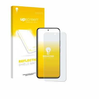 Parte frontal de un envase de producto con el logotipo de la marca upscreen. Al lado se muestra el dispositivo realme C85 5G c