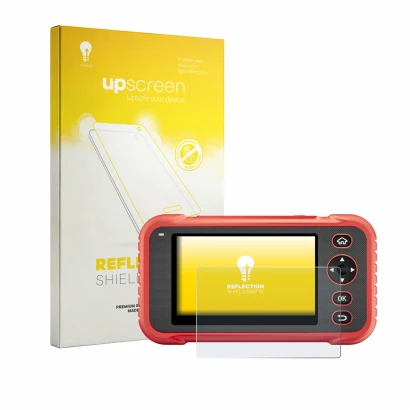 Parte frontal de un envase de producto con el logotipo de la marca upscreen. Al lado se muestra el dispositivo Launch CRP129E