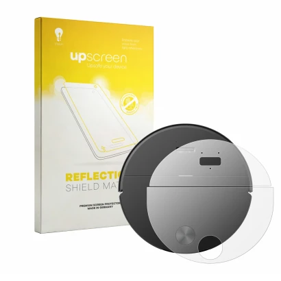 Parte frontal de un envase de producto con el logotipo de la marca upscreen. Al lado se muestra el dispositivo Roborock Saros 
