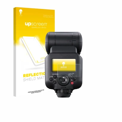 Parte frontal de un envase de producto con el logotipo de la marca upscreen. Al lado se muestra el dispositivo Canon Speedlite