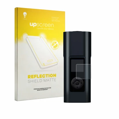 Parte frontal de un envase de producto con el logotipo de la marca upscreen. Al lado se muestra el dispositivo Arizer Solo 3 V
