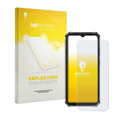 Parte frontal de un envase de producto con el logotipo de la marca upscreen. Al lado se muestra el dispositivo Oukitel G7 con