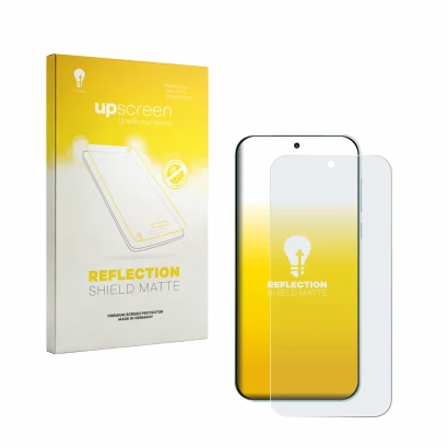 Parte frontal de un envase de producto con el logotipo de la marca upscreen. Al lado se muestra el dispositivo OnePlus Nord 6
