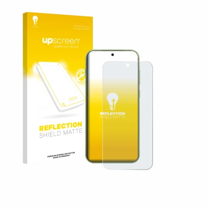 Parte frontal de un envase de producto con el logotipo de la marca upscreen. Al lado se muestra el dispositivo OnePlus 15T con
