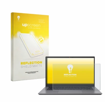Parte frontal de un envase de producto con el logotipo de la marca upscreen. Al lado se muestra el dispositivo ASUS Chromebook
