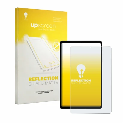Parte frontal de un envase de producto con el logotipo de la marca upscreen. Al lado se muestra el dispositivo Alldocube iPlay