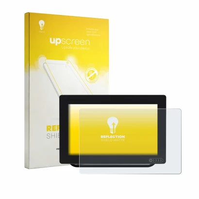 Parte frontal de un envase de producto con el logotipo de la marca upscreen. Al lado se muestra el dispositivo Raymarine Axiom