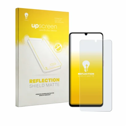 Parte frontal de un envase de producto con el logotipo de la marca upscreen. Al lado se muestra el dispositivo ZTE Blade A56 c