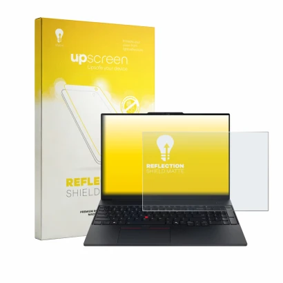 Parte frontal de un envase de producto con el logotipo de la marca upscreen. Al lado se muestra el dispositivo Lenovo ThinkPad