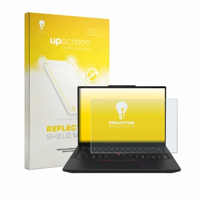 Parte frontal de un envase de producto con el logotipo de la marca upscreen. Al lado se muestra el dispositivo Lenovo ThinkPad