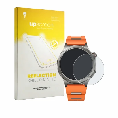 Parte frontal de un envase de producto con el logotipo de la marca upscreen. Al lado se muestra el dispositivo Oppo Watch X3 c
