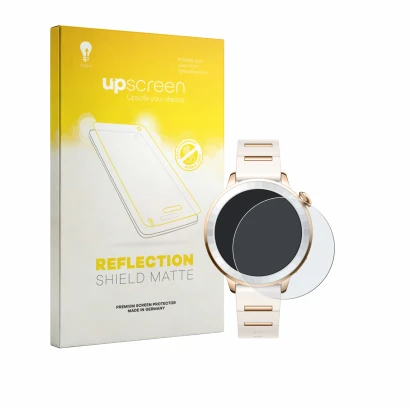 Parte frontal de un envase de producto con el logotipo de la marca upscreen. Al lado se muestra el dispositivo Oppo Watch X3 M