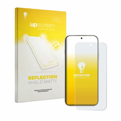 Parte frontal de un envase de producto con el logotipo de la marca upscreen. Al lado se muestra el dispositivo Huawei Enjoy 90