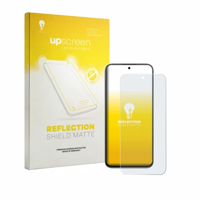 Parte frontal de un envase de producto con el logotipo de la marca upscreen. Al lado se muestra el dispositivo Oppo K14 con su