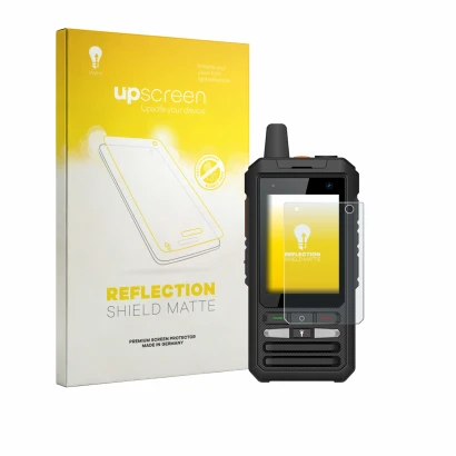 Parte frontal de un envase de producto con el logotipo de la marca upscreen. Al lado se muestra el dispositivo Uniwa F80S con