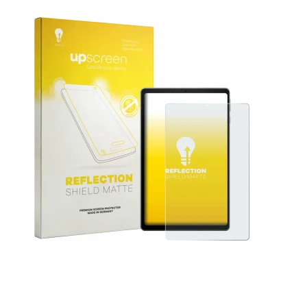 Parte frontal de un envase de producto con el logotipo de la marca upscreen. Al lado se muestra el dispositivo Acer Iconia Tab