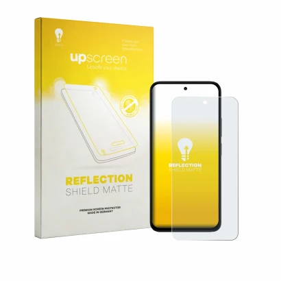 Parte frontal de un envase de producto con el logotipo de la marca upscreen. Al lado se muestra el dispositivo Xiaomi Poco M8s