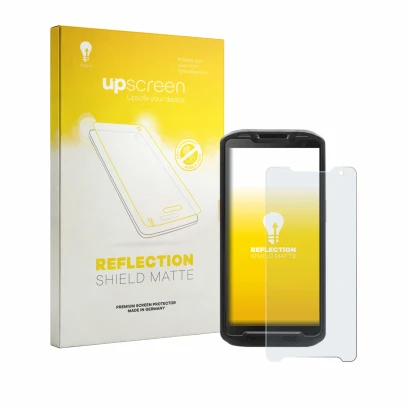 Parte frontal de un envase de producto con el logotipo de la marca upscreen. Al lado se muestra el dispositivo Point Mobile PM