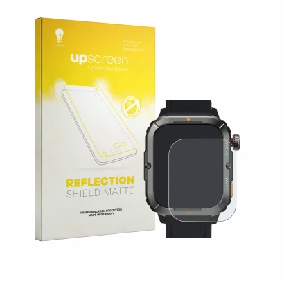 Parte frontal de un envase de producto con el logotipo de la marca upscreen. Al lado se muestra el dispositivo AGM Legion 3 co