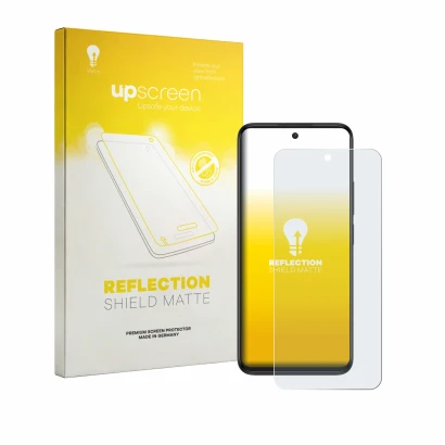 Parte frontal de un envase de producto con el logotipo de la marca upscreen. Al lado se muestra el dispositivo TCL 605 con su