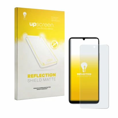 Parte frontal de un envase de producto con el logotipo de la marca upscreen. Al lado se muestra el dispositivo General Mobile