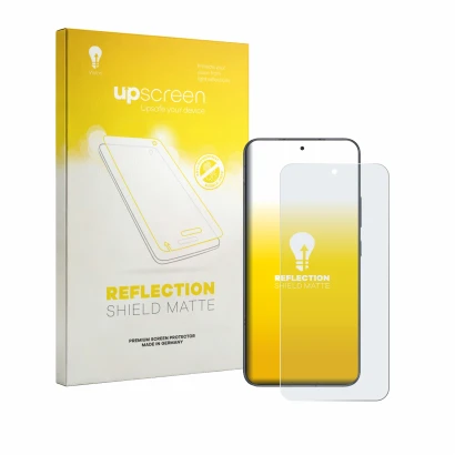 Parte frontal de un envase de producto con el logotipo de la marca upscreen. Al lado se muestra el dispositivo Honor Power 2 c