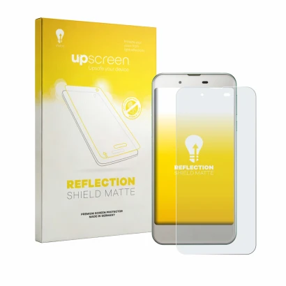 Parte frontal de un envase de producto con el logotipo de la marca upscreen. Al lado se muestra el dispositivo Sharp Aquos SHV