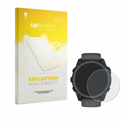 Parte frontal de un envase de producto con el logotipo de la marca upscreen. Al lado se muestra el dispositivo Garmin Tactix 8