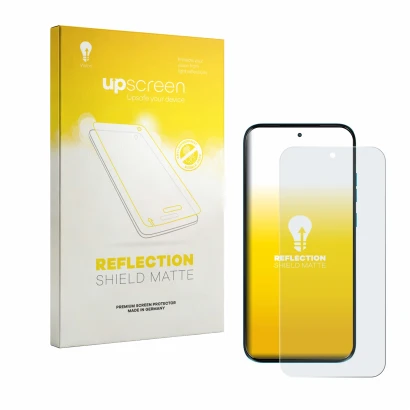 Parte frontal de un envase de producto con el logotipo de la marca upscreen. Al lado se muestra el dispositivo Motorola Moto G