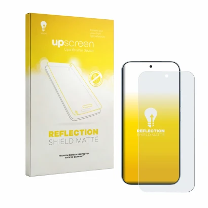 Parte frontal de un envase de producto con el logotipo de la marca upscreen. Al lado se muestra el dispositivo Xiaomi 17T con 