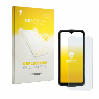 Parte frontal de un envase de producto con el logotipo de la marca upscreen. Al lado se muestra el dispositivo Doogee Fire 5 P
