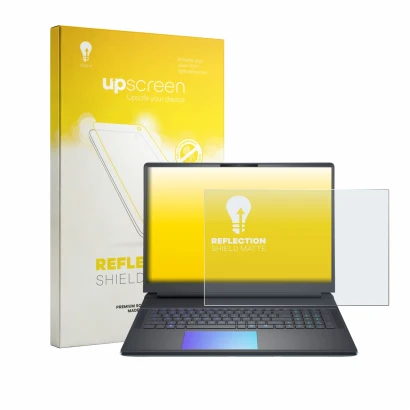 Parte frontal de un envase de producto con el logotipo de la marca upscreen. Al lado se muestra el dispositivo Dell Alienware