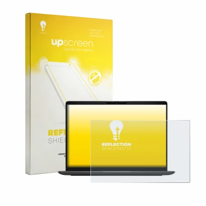 Parte frontal de un envase de producto con el logotipo de la marca upscreen. Al lado se muestra el dispositivo Dell Pro 7 Seri
