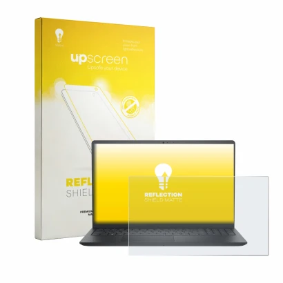 Parte frontal de un envase de producto con el logotipo de la marca upscreen. Al lado se muestra el dispositivo Dell Pro 15 Ess