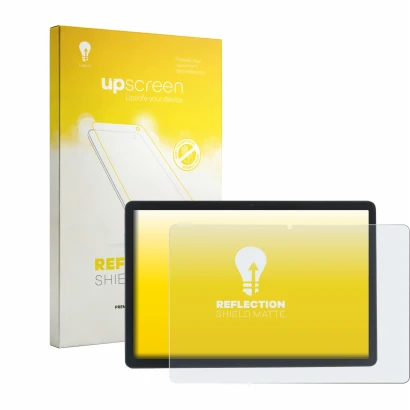 Parte frontal de un envase de producto con el logotipo de la marca upscreen. Al lado se muestra el dispositivo Acepad A172 con