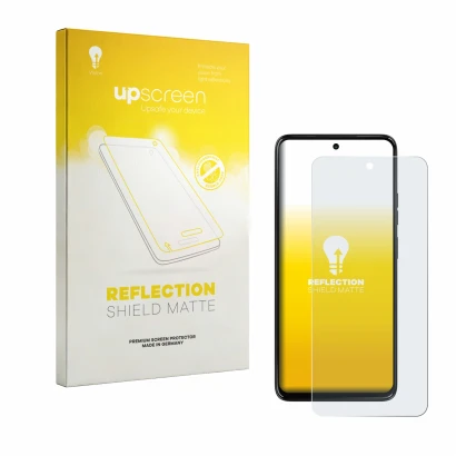 Parte frontal de un envase de producto con el logotipo de la marca upscreen. Al lado se muestra el dispositivo Motorola Moto G