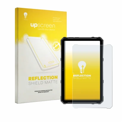 Parte frontal de un envase de producto con el logotipo de la marca upscreen. Al lado se muestra el dispositivo Ulefone Armor P