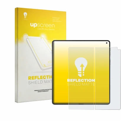 Parte frontal de un envase de producto con el logotipo de la marca upscreen. Al lado se muestra el dispositivo Motorola Razr F