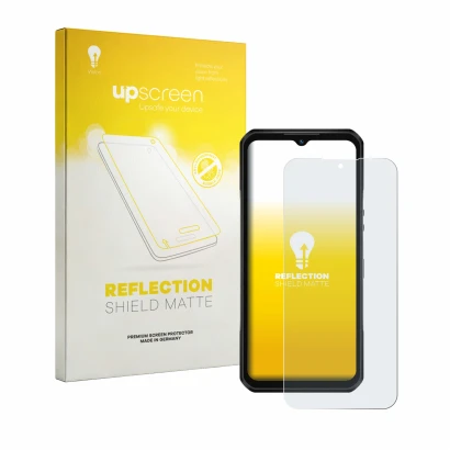 Parte frontal de un envase de producto con el logotipo de la marca upscreen. Al lado se muestra el dispositivo Oukitel WP66 co