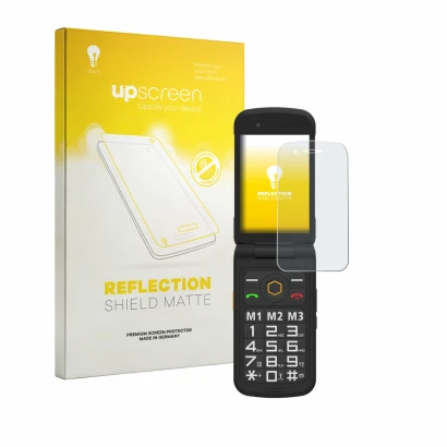 Parte frontal de un envase de producto con el logotipo de la marca upscreen. Al lado se muestra el dispositivo AGM M8 FLIP con
