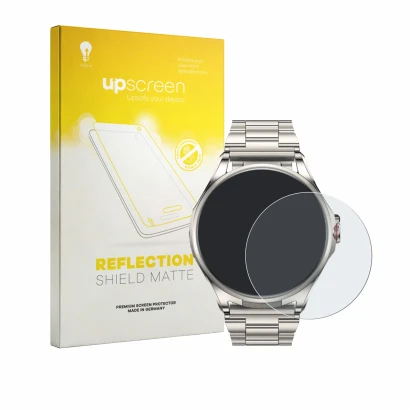 Parte frontal de un envase de producto con el logotipo de la marca upscreen. Al lado se muestra el dispositivo Huawei Watch Bu
