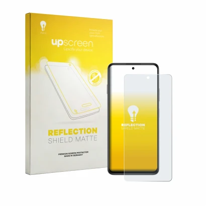 Parte frontal de un envase de producto con el logotipo de la marca upscreen. Al lado se muestra el dispositivo Huawei Enjoy 90