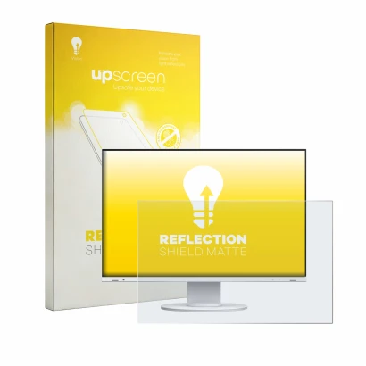 Parte frontal de un envase de producto con el logotipo de la marca upscreen. Al lado se muestra el dispositivo Eizo Flexscan E