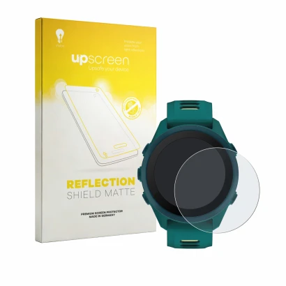 Parte frontal de un envase de producto con el logotipo de la marca upscreen. Al lado se muestra el dispositivo Garmin Forerunn