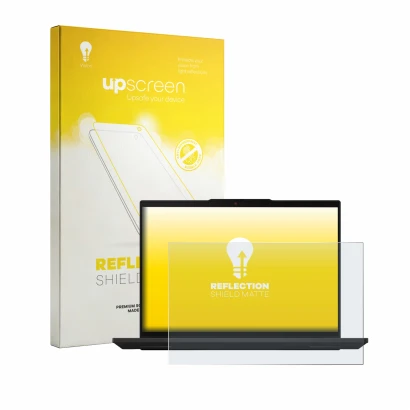 Parte frontal de un envase de producto con el logotipo de la marca upscreen. Al lado se muestra el dispositivo Lenovo ThinkPad