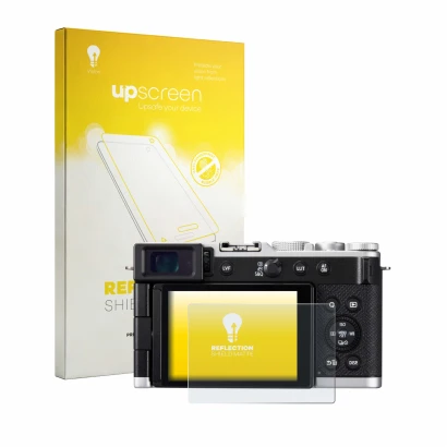 Parte frontal de un envase de producto con el logotipo de la marca upscreen. Al lado se muestra el dispositivo Panasonic Lumix