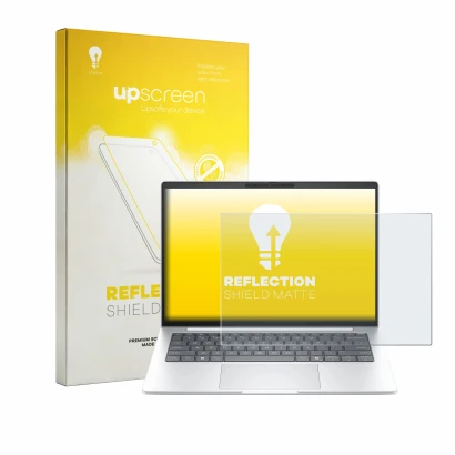 Parte frontal de un envase de producto con el logotipo de la marca upscreen. Al lado se muestra el dispositivo HP EliteBook 8