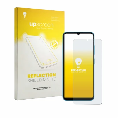 Parte frontal de un envase de producto con el logotipo de la marca upscreen. Al lado se muestra el dispositivo HMD Vibe 2 5G c